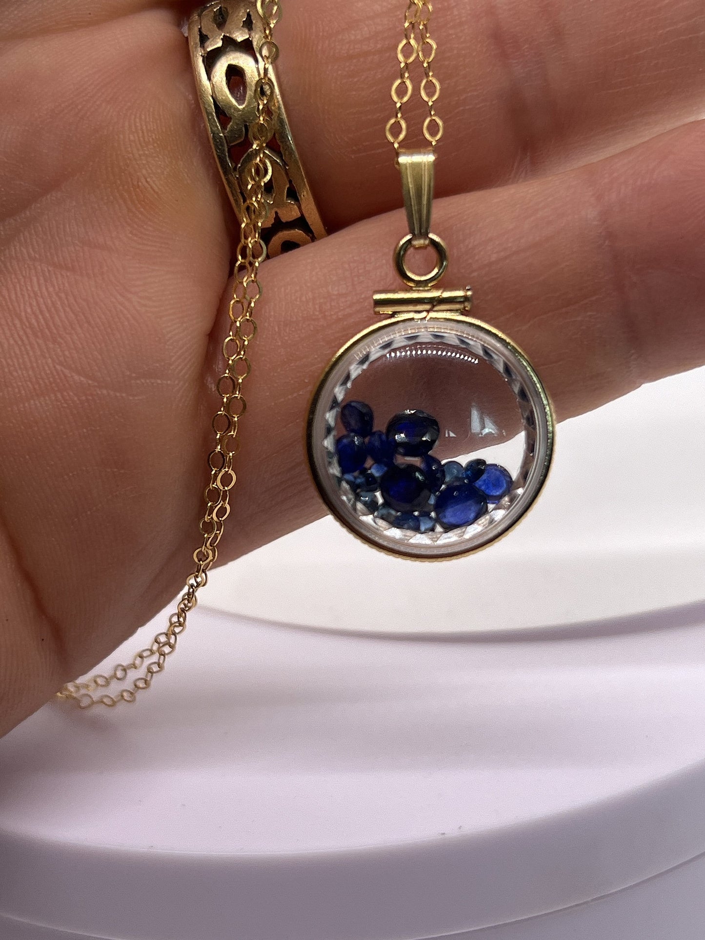 Hand Made Diamond edge dime Size 14k Gold Filled Lucite Shaker Locket with 2.75 tcw round cut genuine blue sapphires ,September Birthstone.