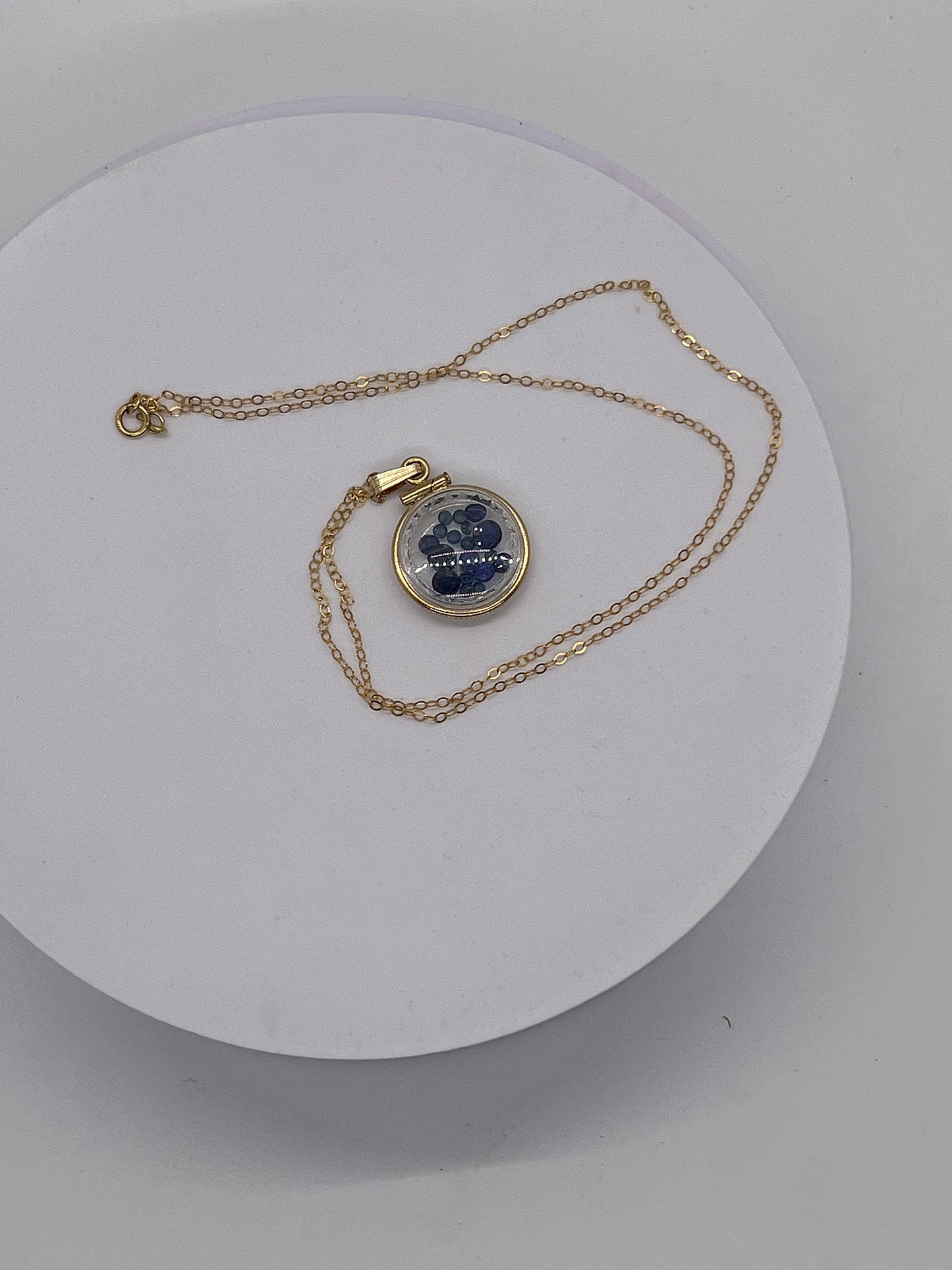Hand Made Diamond edge dime Size 14k Gold Filled Lucite Shaker Locket with 2.75 tcw round cut genuine blue sapphires ,September Birthstone.