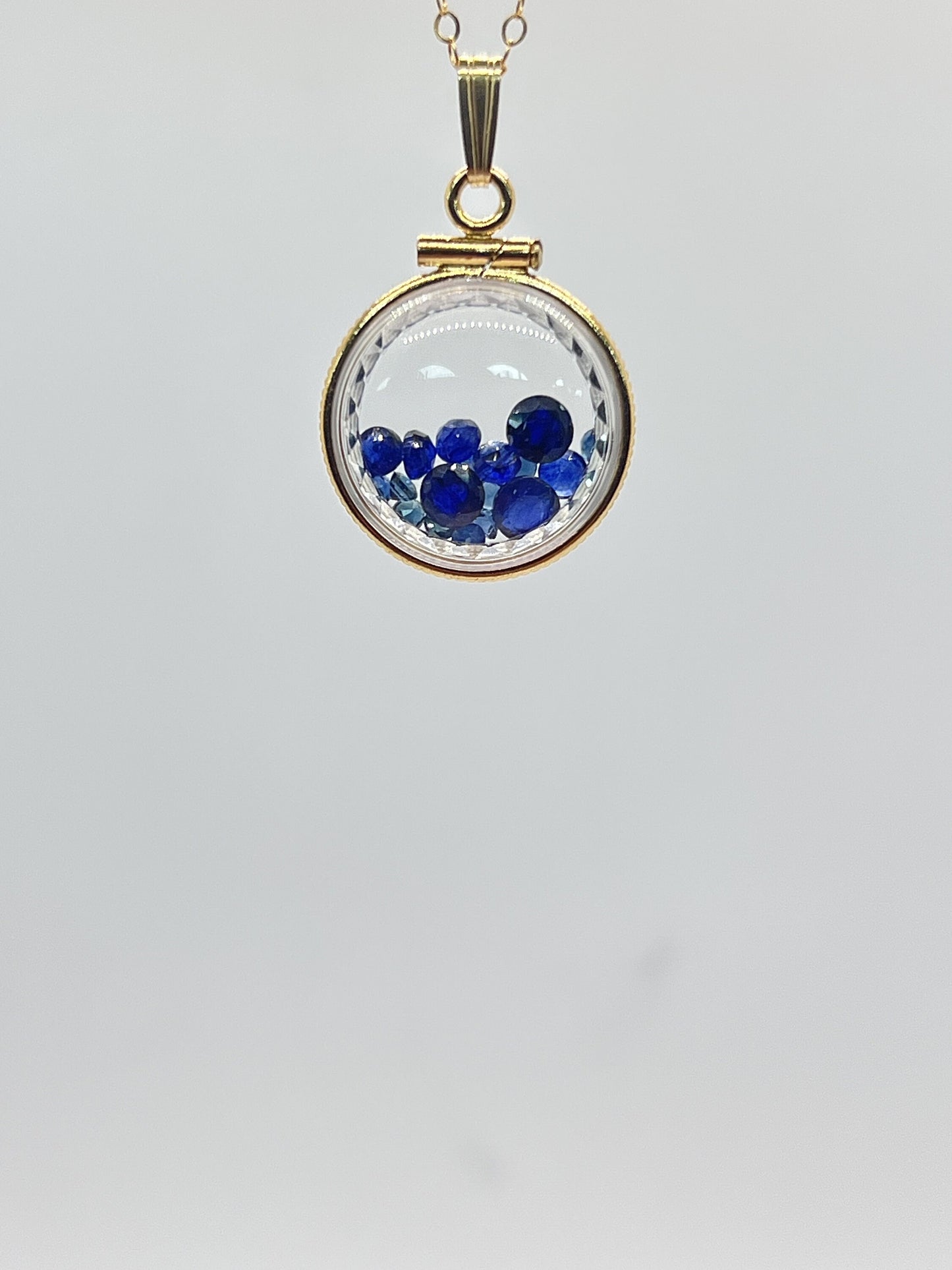 Hand Made Diamond edge dime Size 14k Gold Filled Lucite Shaker Locket with 2.75 tcw round cut genuine blue sapphires ,September Birthstone.