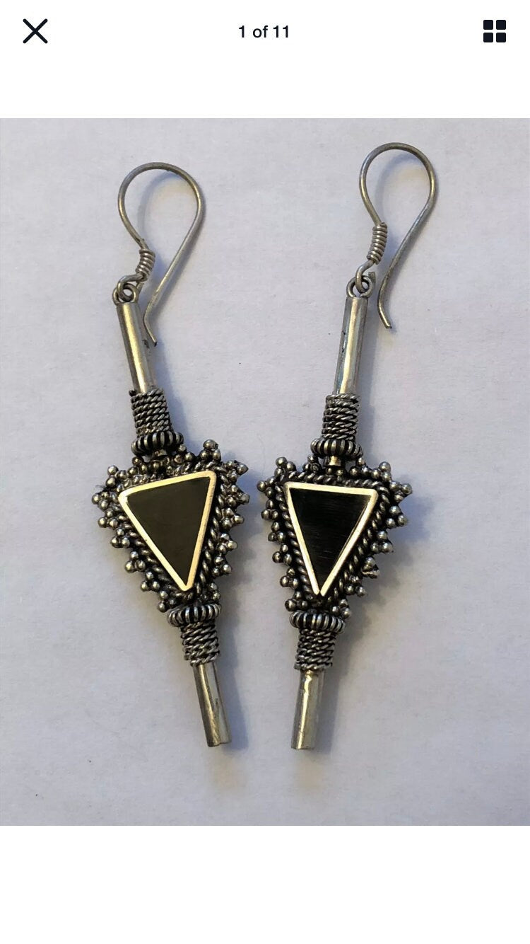 Large Handmade Sterling and Onyx Dangle Earrings Indonesia, Vintage old stock, Beautiful