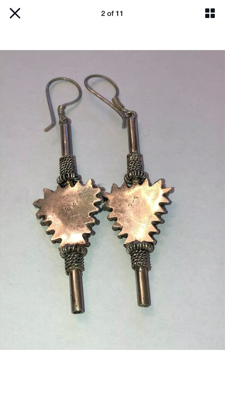 Large Handmade Sterling and Onyx Dangle Earrings Indonesia, Vintage old stock, Beautiful