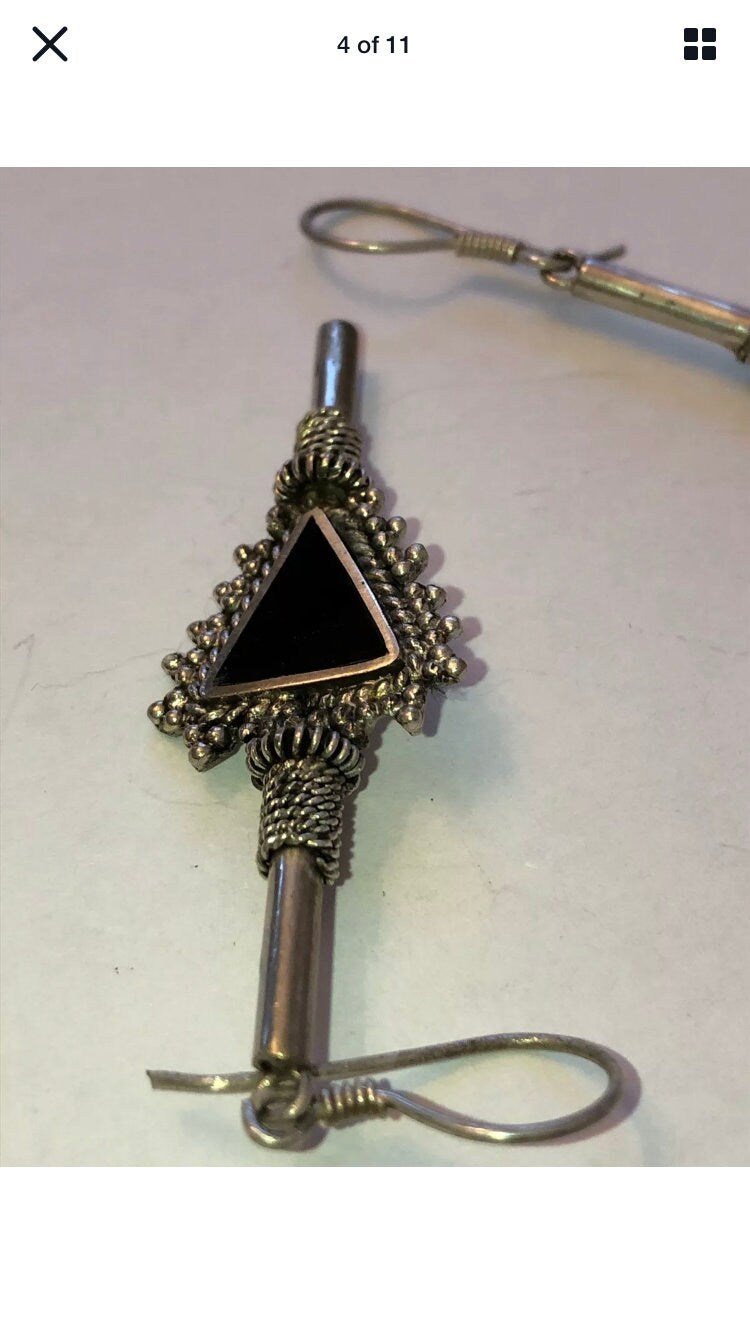 Large Handmade Sterling and Onyx Dangle Earrings Indonesia, Vintage old stock, Beautiful