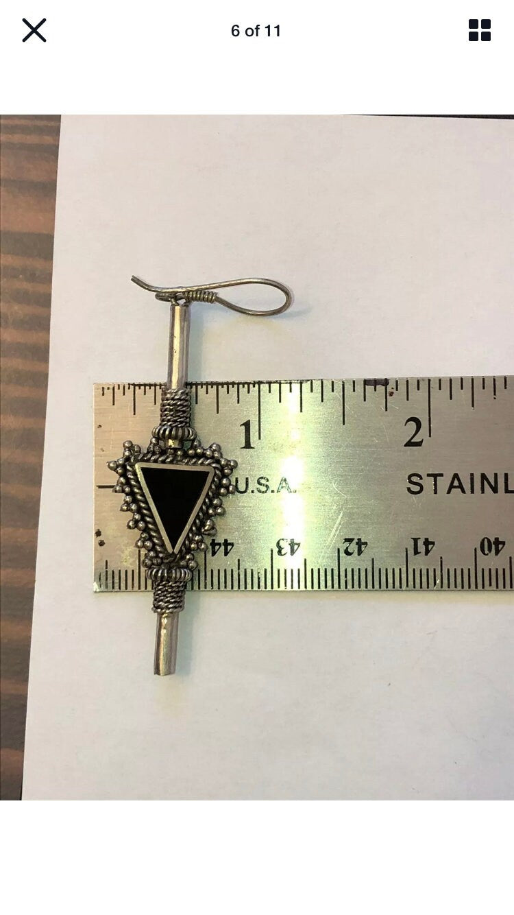 Large Handmade Sterling and Onyx Dangle Earrings Indonesia, Vintage old stock, Beautiful