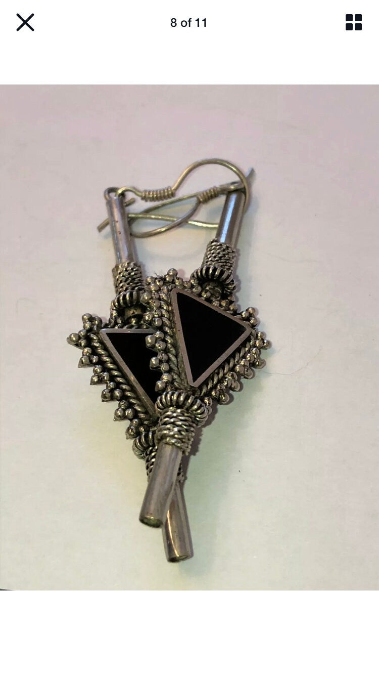 Large Handmade Sterling and Onyx Dangle Earrings Indonesia, Vintage old stock, Beautiful