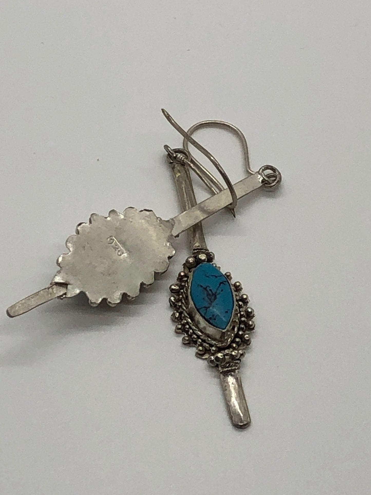 Large Handmade Sterling and Turquoise Dangle Earrings Indonesia, Vintage old stock, Beautiful