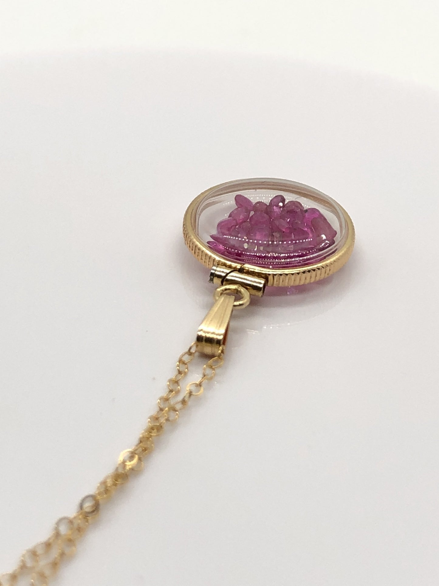Handmade Dime Sized Ruby Shaker Locket 14k gold filled with beautiful July Birthstone, 2.5 TCW