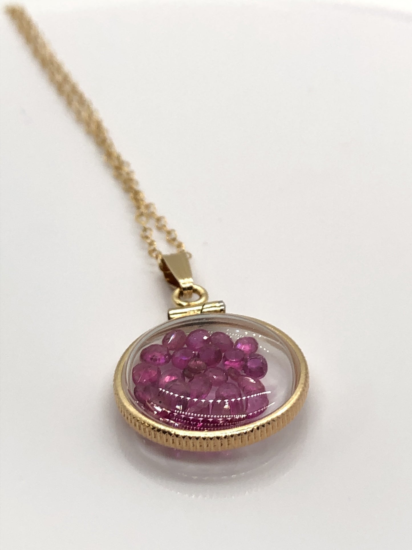 Handmade Dime Sized Ruby Shaker Locket 14k gold filled with beautiful July Birthstone, 2.5 TCW