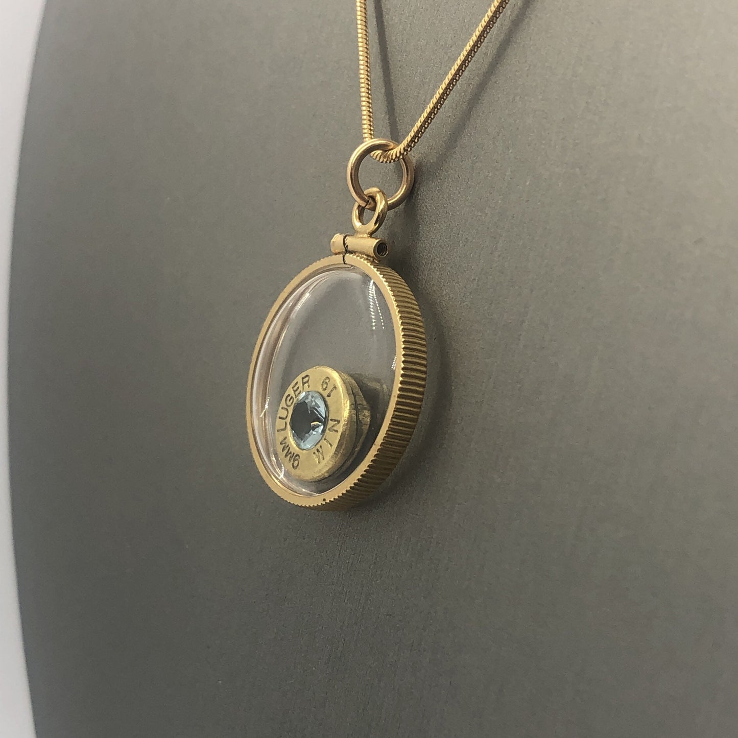 Handmade 9mm bullet w/Aquamarine or tourmaline , back to back view locket, 14k gold filled locket-new with floating faceted gem.