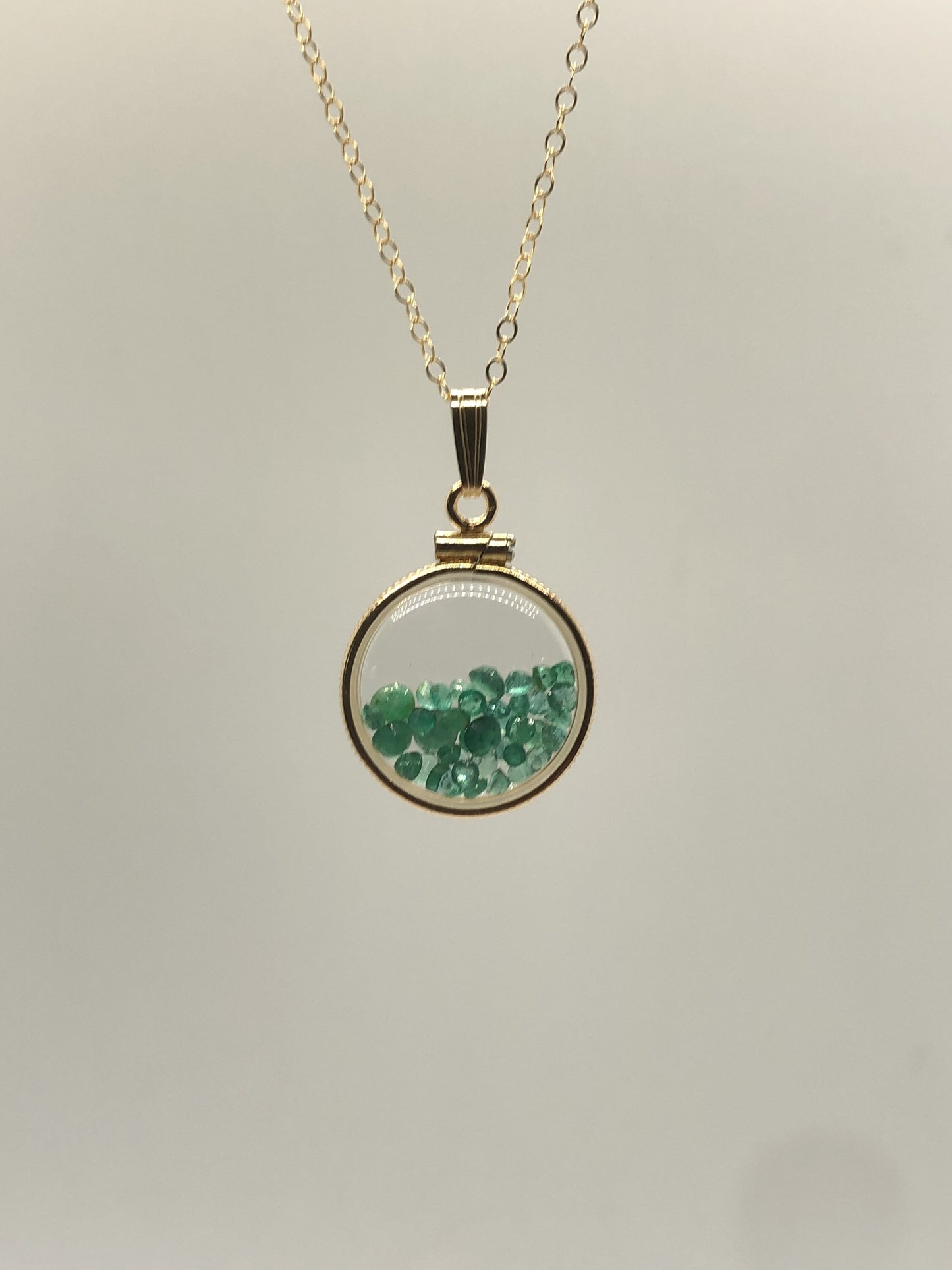 Handmade Dime-size Emerald Shaker Locket 14k Gold-Filled Lucite View Locket, Necklace, Beautiful May Birthstone.