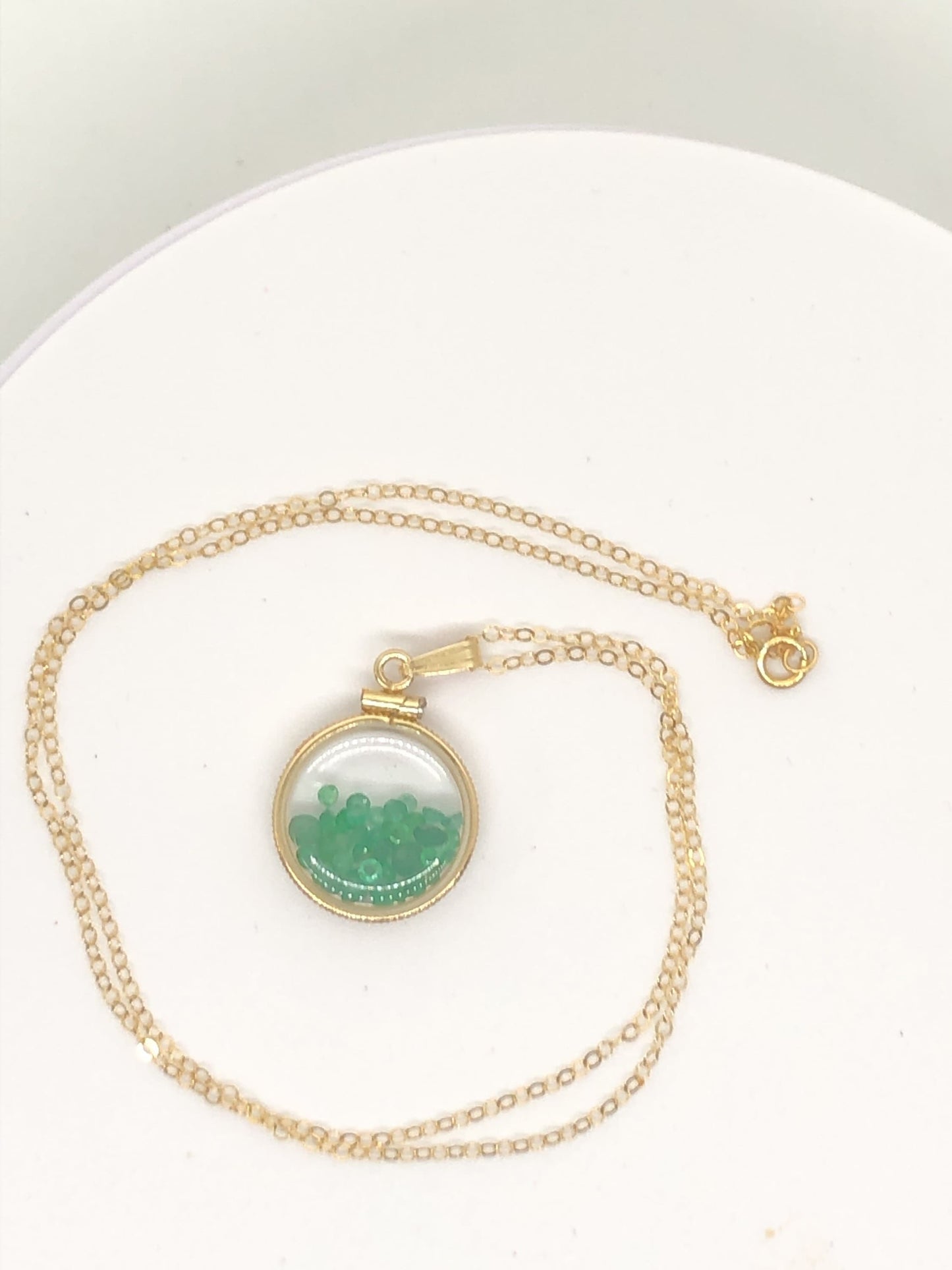 Handmade Dime-size Emerald Shaker Locket 14k Gold-Filled Lucite View Locket, Necklace, Beautiful May Birthstone.