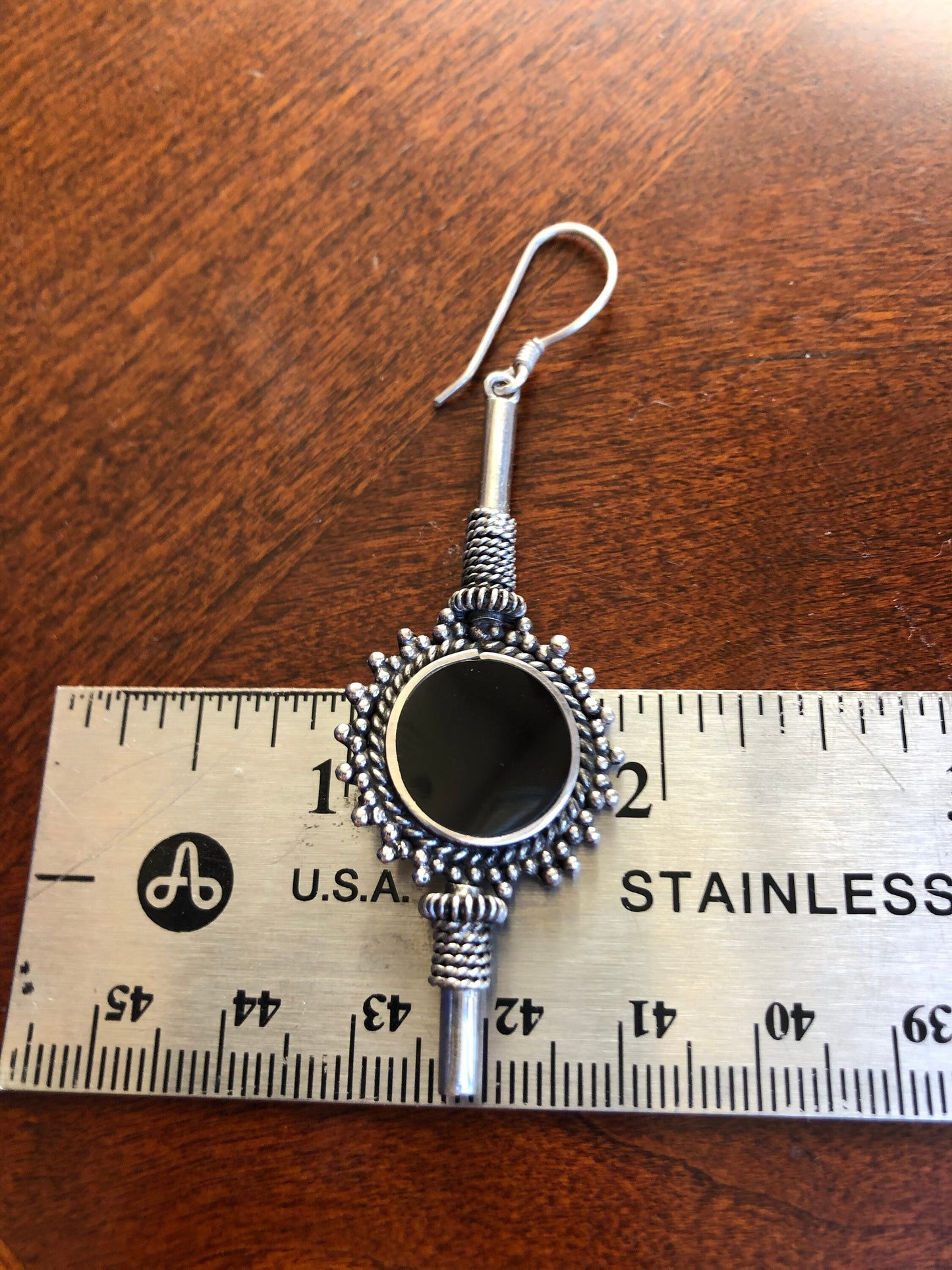 Large Handmade Sterling and Onyx Dangle Earrings Indonesia, Vintage old stock, Beautiful