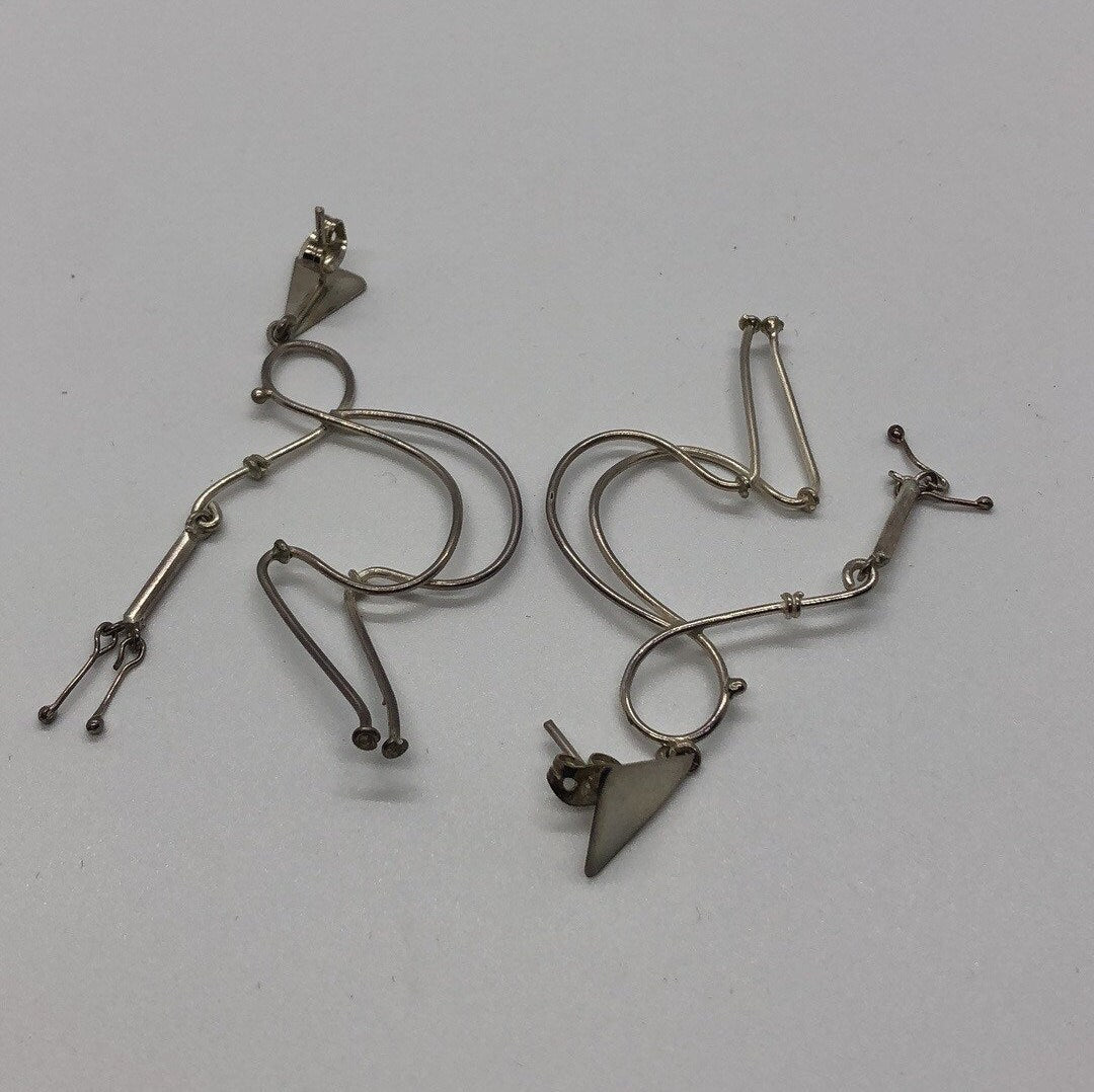 Large Vintage Handmade Sterling Silver Earrings Indonesia, Vintage old stock, human walking with cane