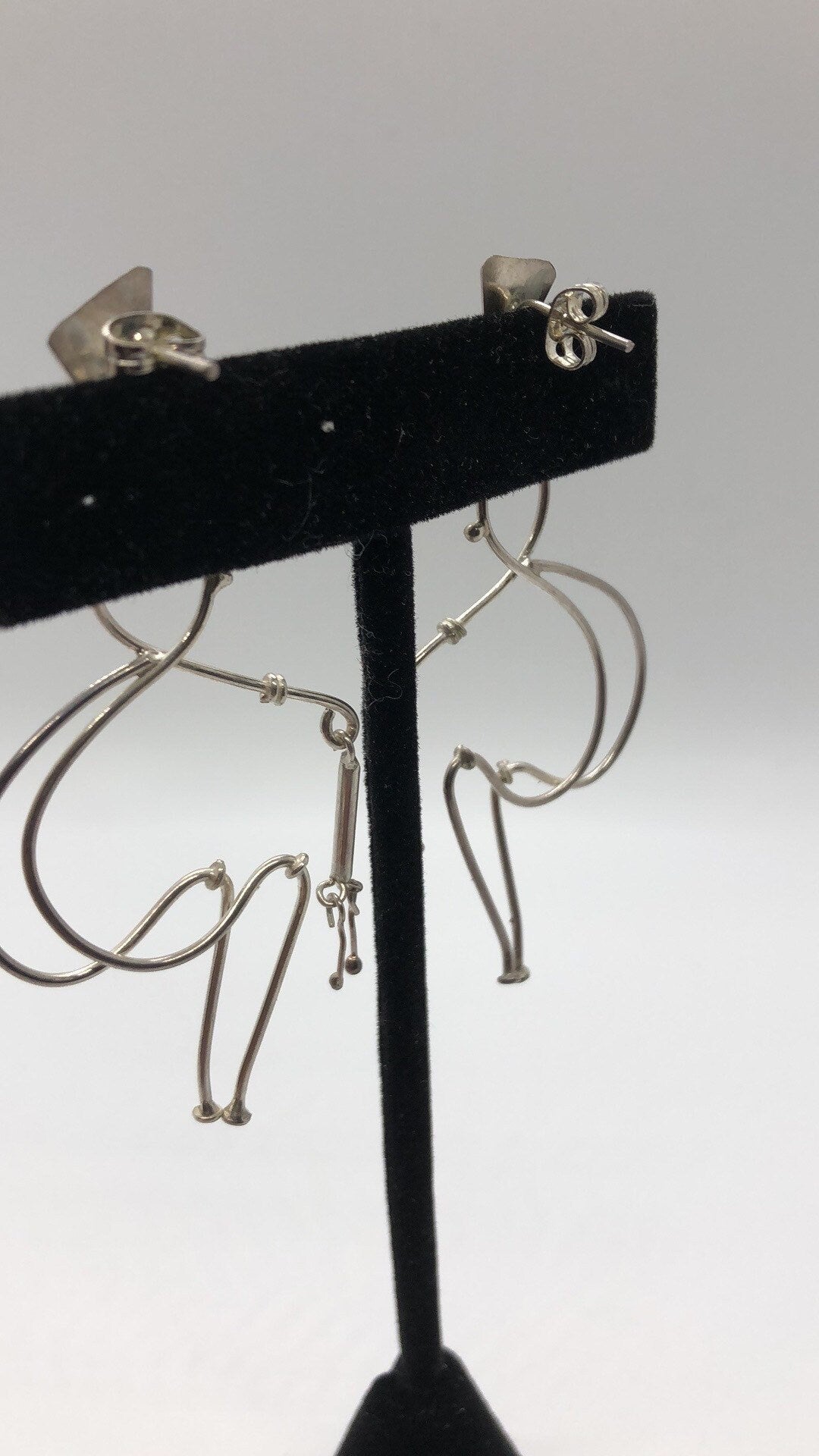 Large Vintage Handmade Sterling Silver Earrings Indonesia, Vintage old stock, human walking with cane