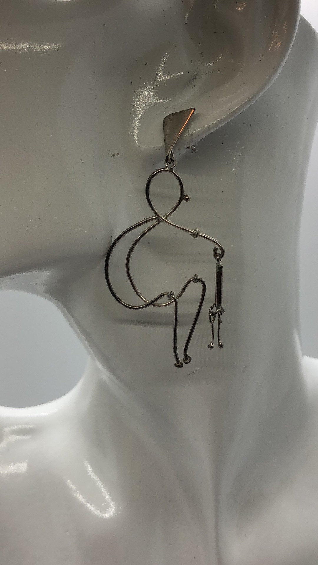 Large Vintage Handmade Sterling Silver Earrings Indonesia, Vintage old stock, human walking with cane