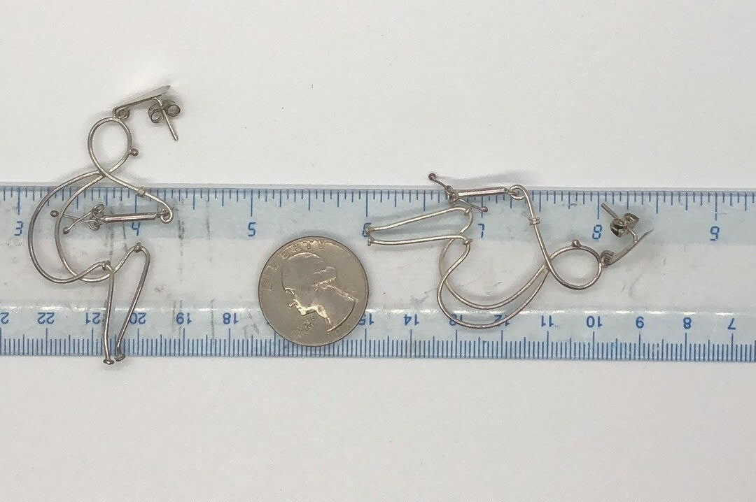 Large Vintage Handmade Sterling Silver Earrings Indonesia, Vintage old stock, human walking with cane