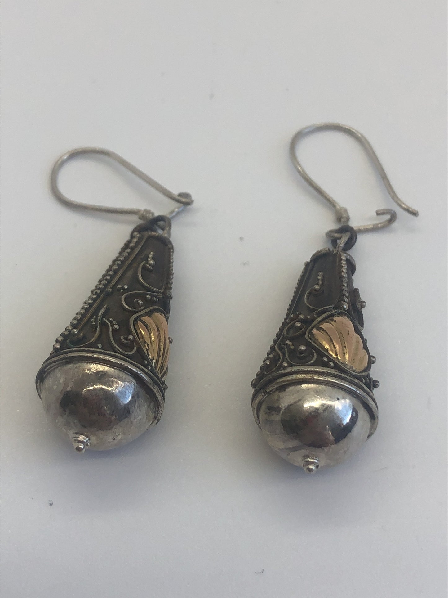 Vintage Handmade Sterling Silver and Gold Wash Earrings Indonesia, Vintage old stock, ornate