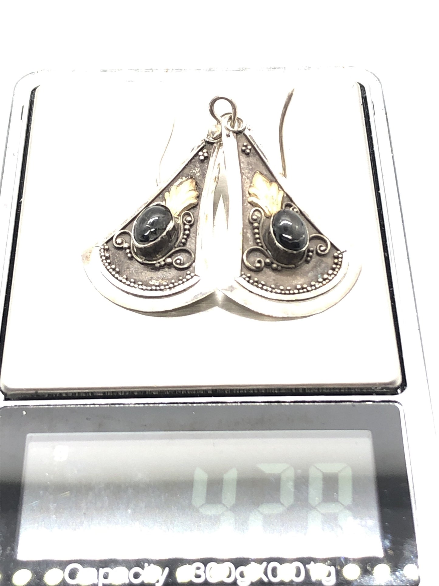 Large Handmade Sterling, Onyx and gold wash french hook Earrings Indonesia, Vintage new old stock, Beautiful
