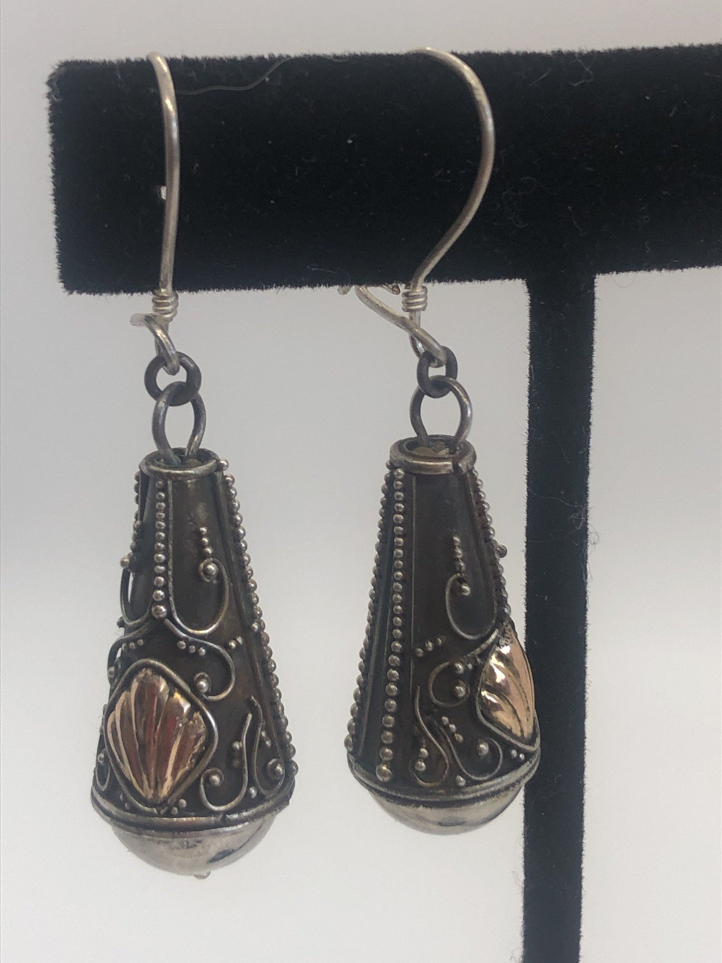 Vintage Handmade Sterling Silver and Gold Wash Earrings Indonesia, Vintage old stock, ornate