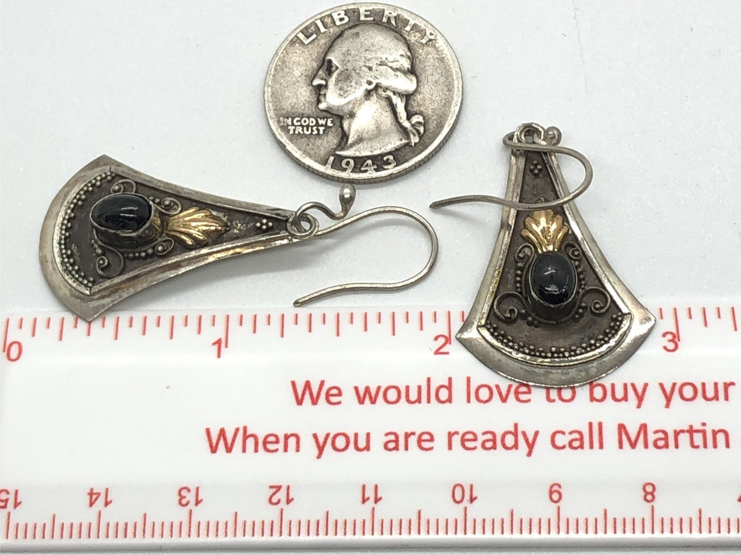 Large Handmade Sterling, Onyx and gold wash french hook Earrings Indonesia, Vintage new old stock, Beautiful