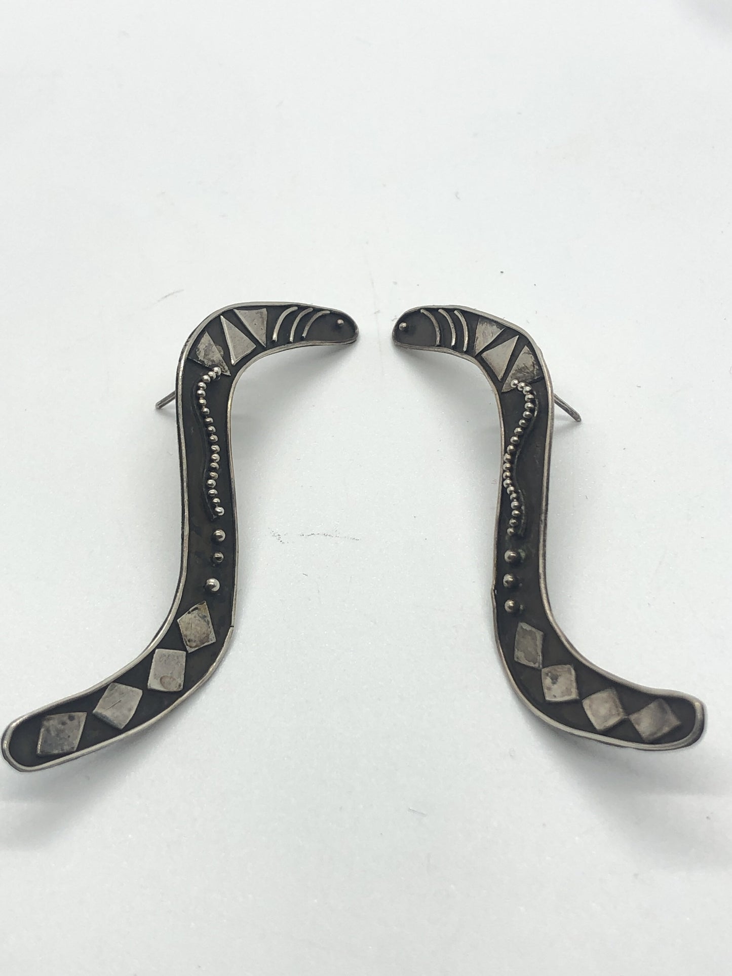 Large Sterling Silver boomerang shape earrings new vintage old stock, Indonesia Post back