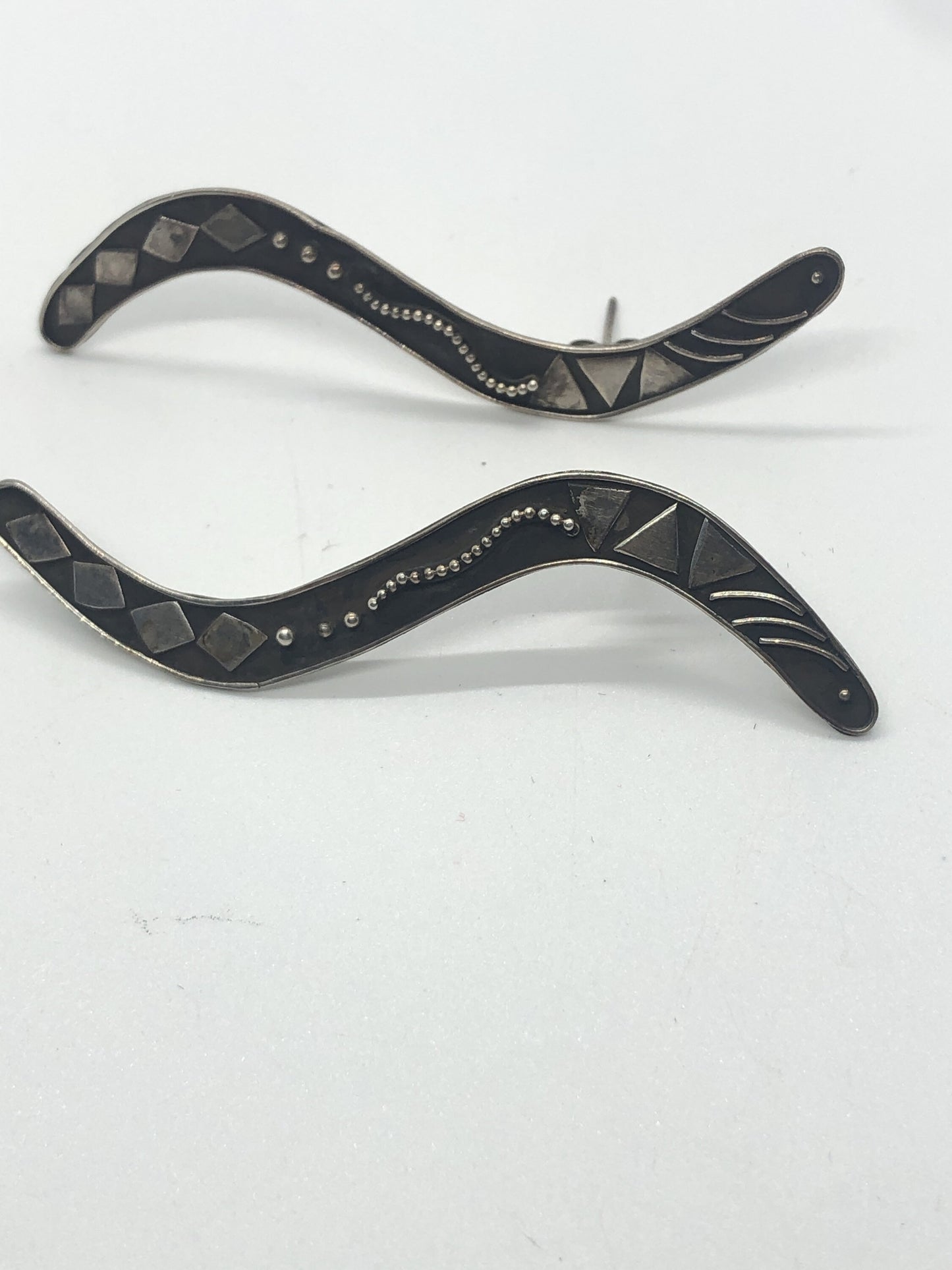 Large Sterling Silver boomerang shape earrings new vintage old stock, Indonesia Post back