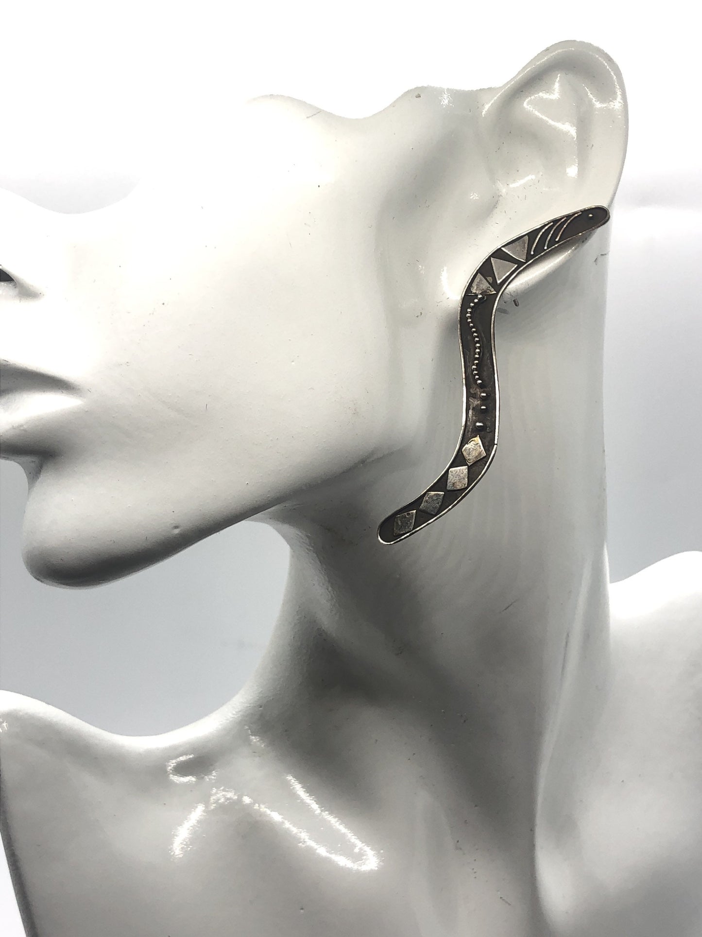 Large Sterling Silver boomerang shape earrings new vintage old stock, Indonesia Post back