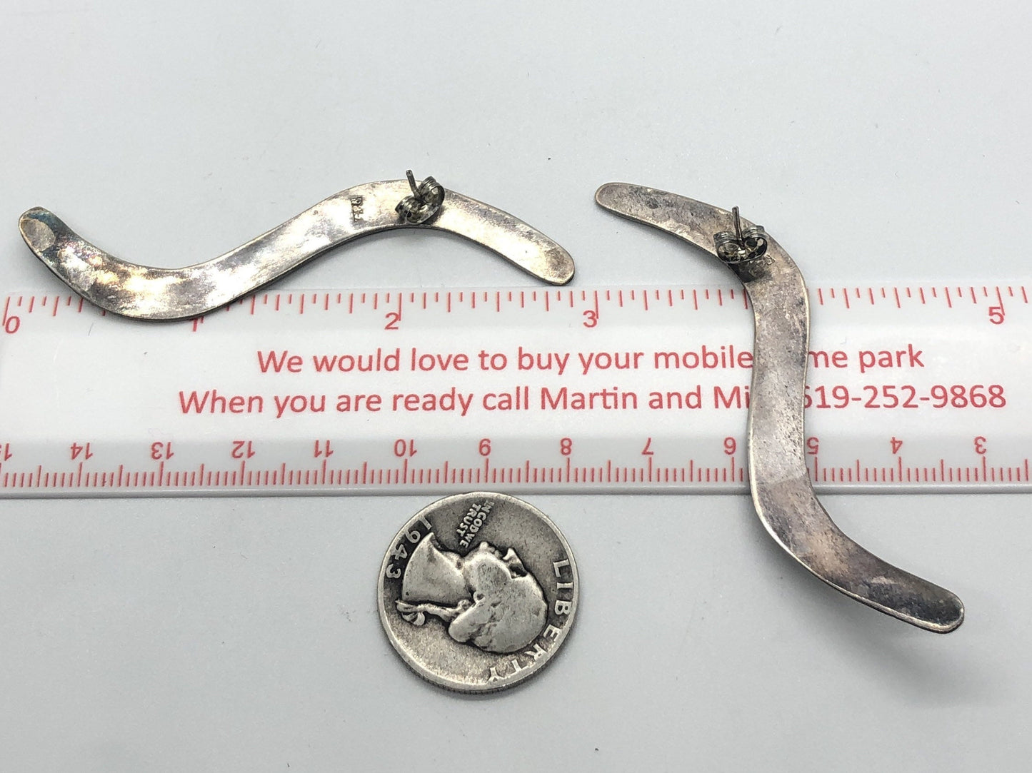 Large Sterling Silver boomerang shape earrings new vintage old stock, Indonesia Post back