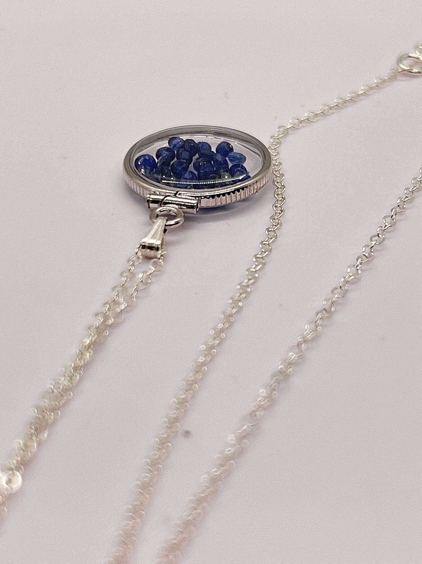 Handmade Dime Size Sterling Silver Sapphire Shaker Locket Lucite View Locket, Necklace, Beautiful September Birthstone. 2.5 TCW