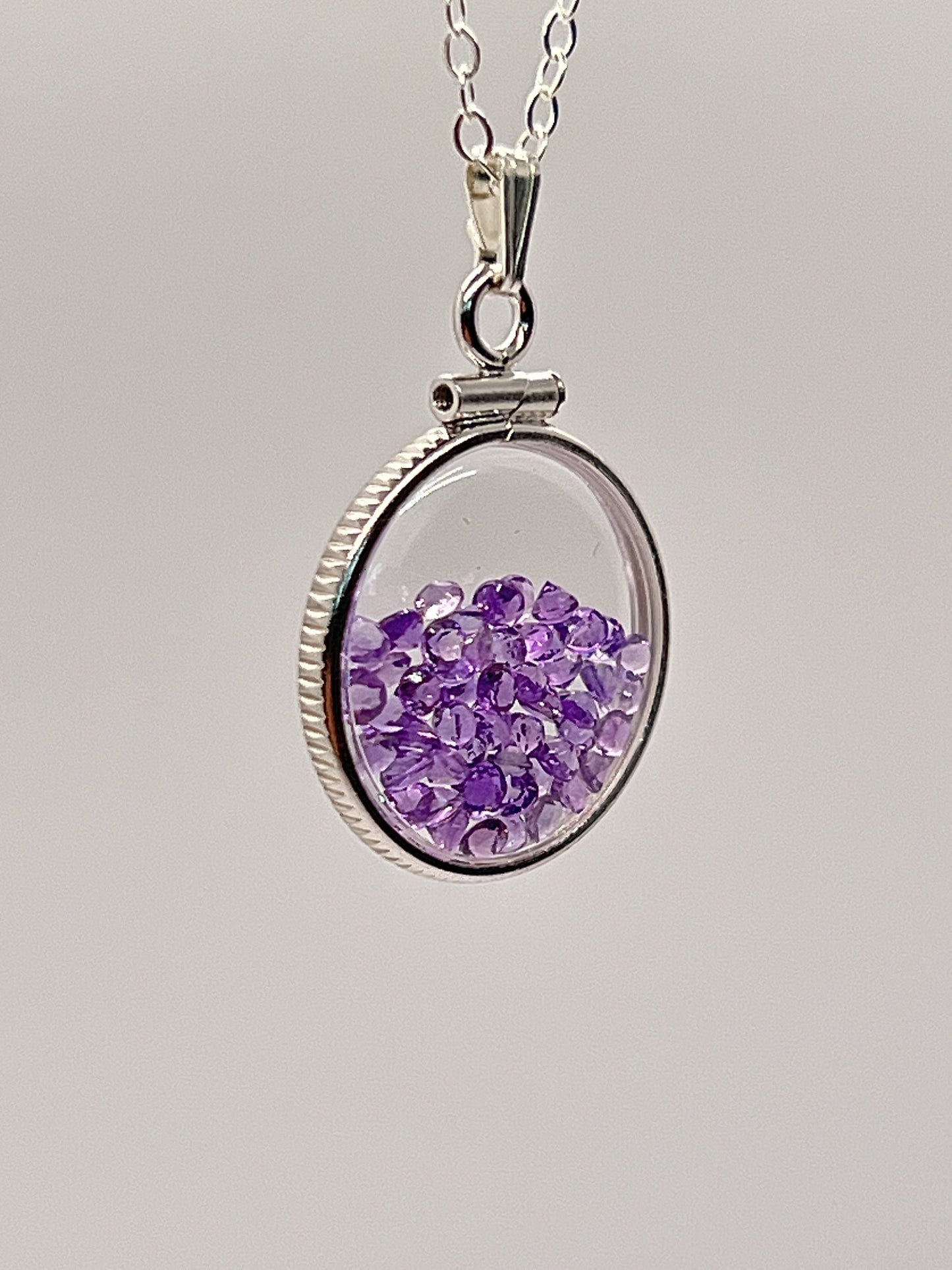 Handmade Dime Size Sterling Silver Amethyst Shaker Locket Lucite View Locket, Necklace, Beautiful February Birthstone. 2.0 TCW.