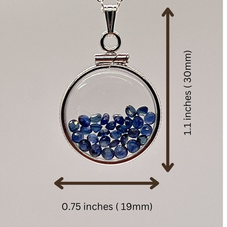 Handmade Dime Size Sterling Silver Sapphire Shaker Locket Lucite View Locket, Necklace, Beautiful September Birthstone. 2.5 TCW