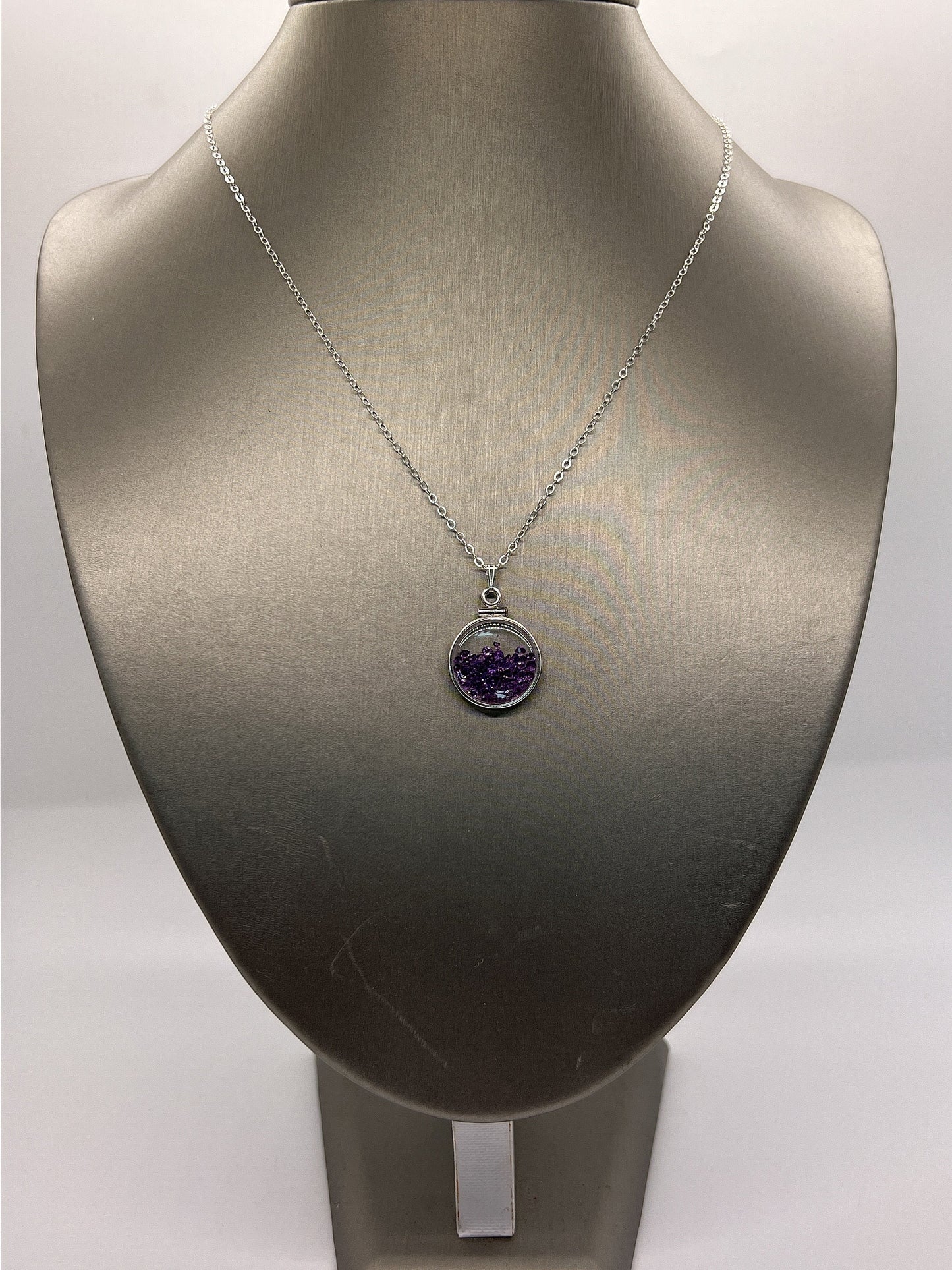 Handmade Dime Size Sterling Silver Amethyst Shaker Locket Lucite View Locket, Necklace, Beautiful February Birthstone. 2.0 TCW.