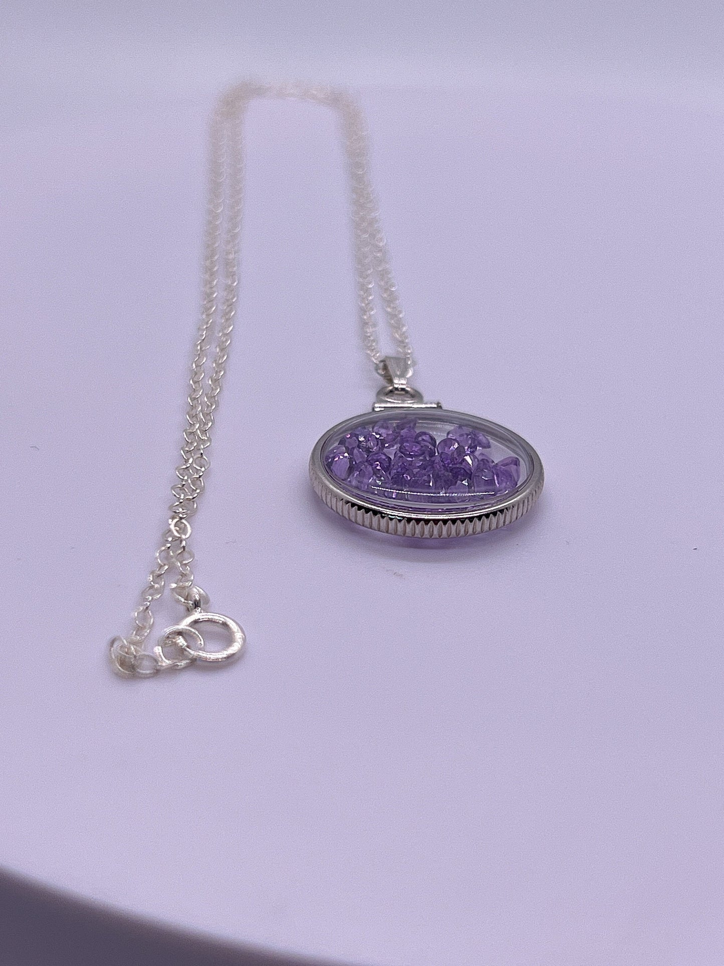 Handmade Dime Size Sterling Silver Amethyst Shaker Locket Lucite View Locket, Necklace, Beautiful February Birthstone. 2.0 TCW.