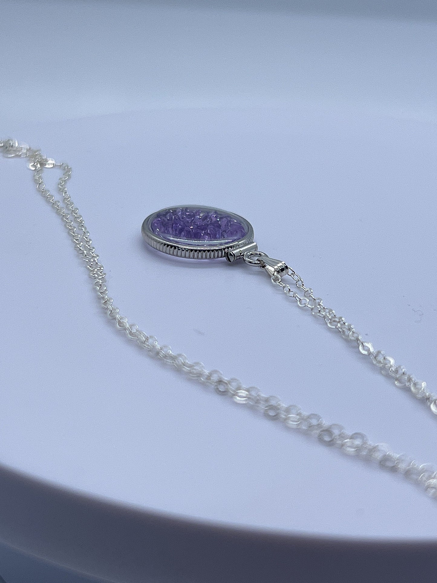 Handmade Dime Size Sterling Silver Amethyst Shaker Locket Lucite View Locket, Necklace, Beautiful February Birthstone. 2.0 TCW.