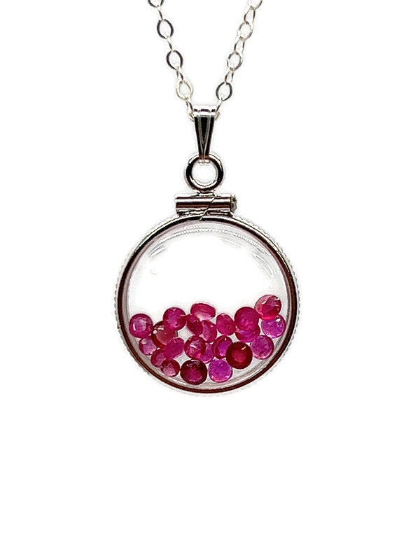 Handmade Dime size Sterling Silver Ruby Shaker Locket Lucite View Locket, Necklace, Beautiful JULY Birthstone. 2.5 TCW round cut rubies