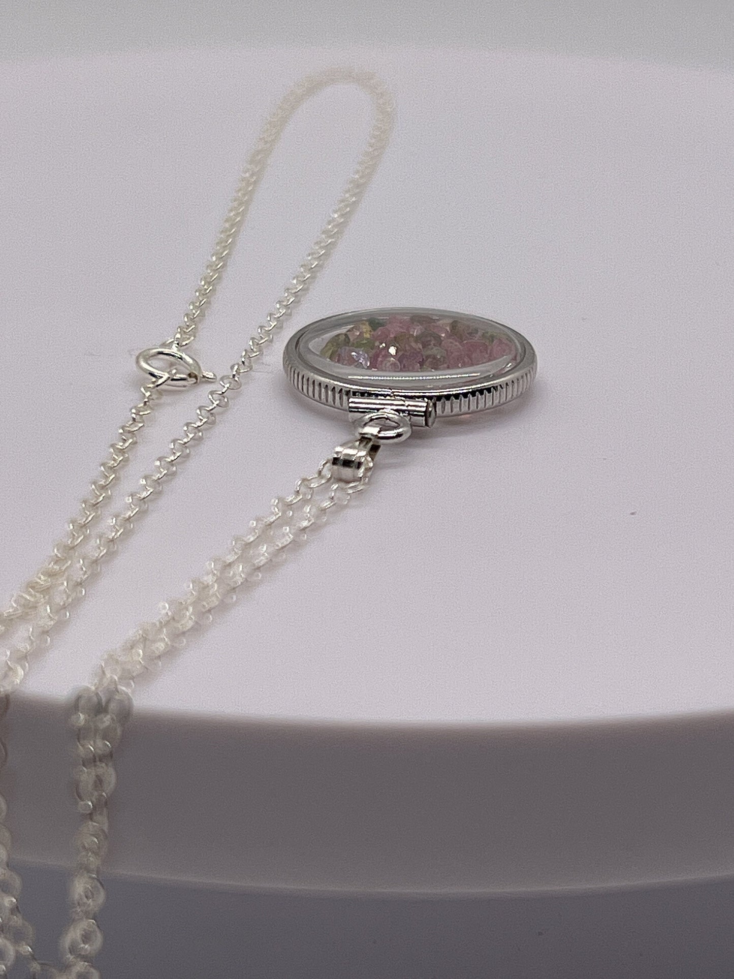 Handmade Dimesize Sterling Silver Multicolor Tourmaline Shaker Locket Lucite View Locket, Necklace, Beautiful October Birthstone. 2.0 TCW