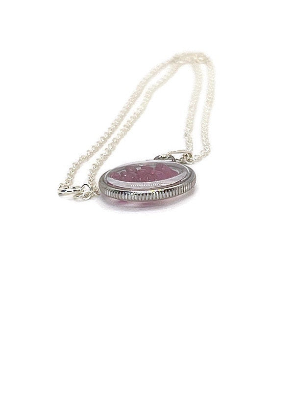 Handmade Dime size Sterling Silver Ruby Shaker Locket Lucite View Locket, Necklace, Beautiful JULY Birthstone. 2.5 TCW round cut rubies