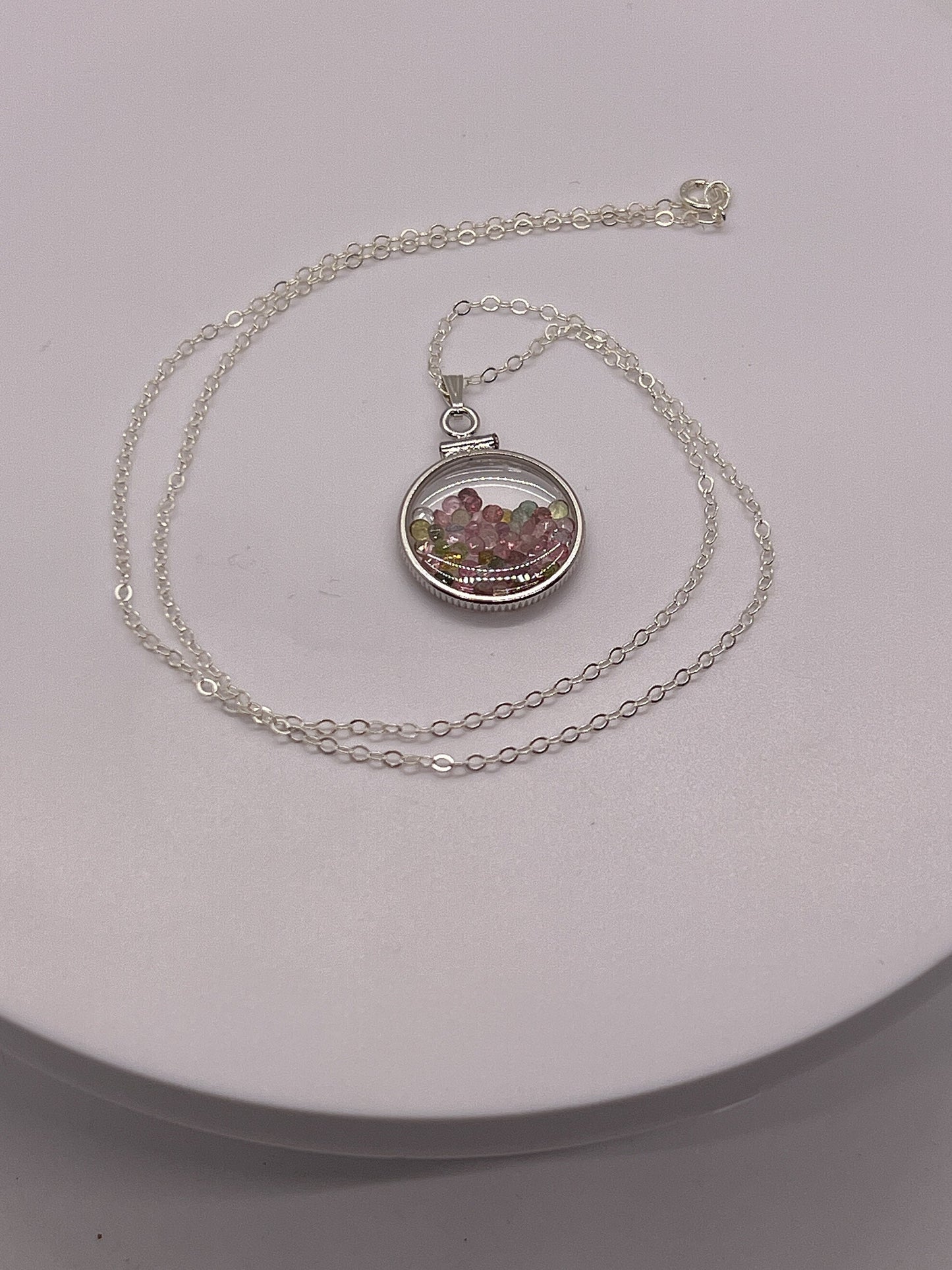 Handmade Dimesize Sterling Silver Multicolor Tourmaline Shaker Locket Lucite View Locket, Necklace, Beautiful October Birthstone. 2.0 TCW