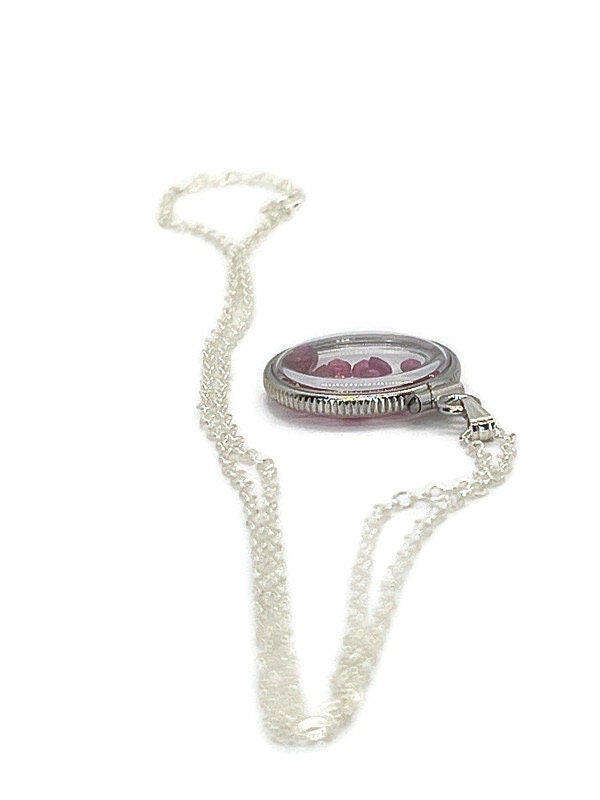 Handmade Dime size Sterling Silver Ruby Shaker Locket Lucite View Locket, Necklace, Beautiful JULY Birthstone. 2.5 TCW round cut rubies