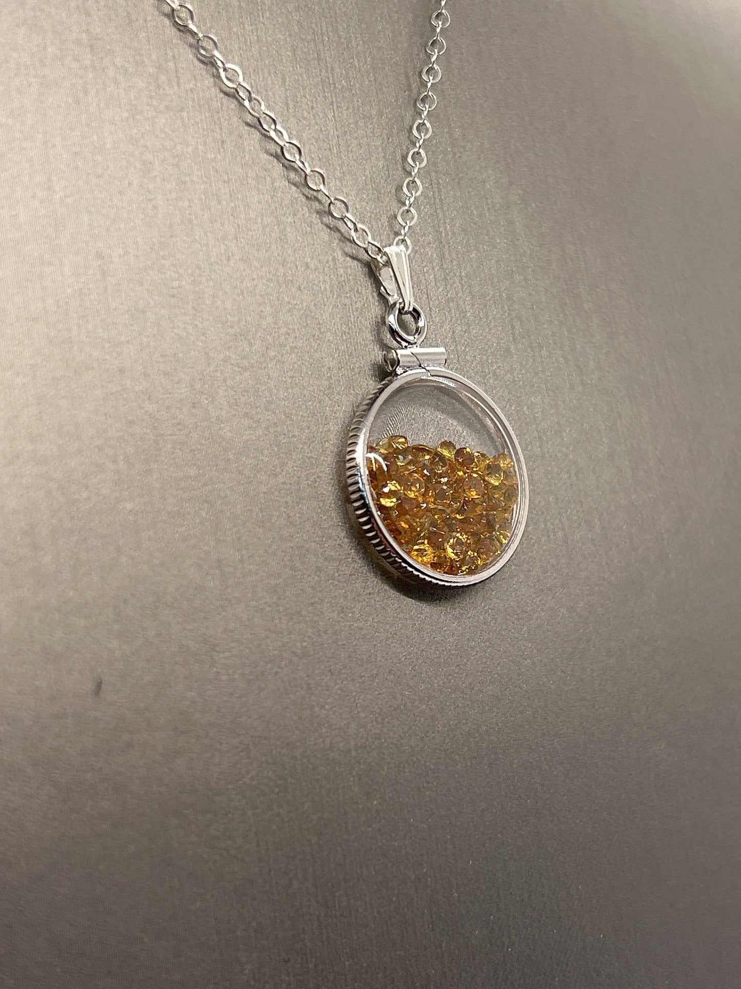Handmade Dime size Sterling Silver Citrine Shaker Locket Lucite View Locket, Necklace, Beautiful November Birthstone. 2.0 TCW