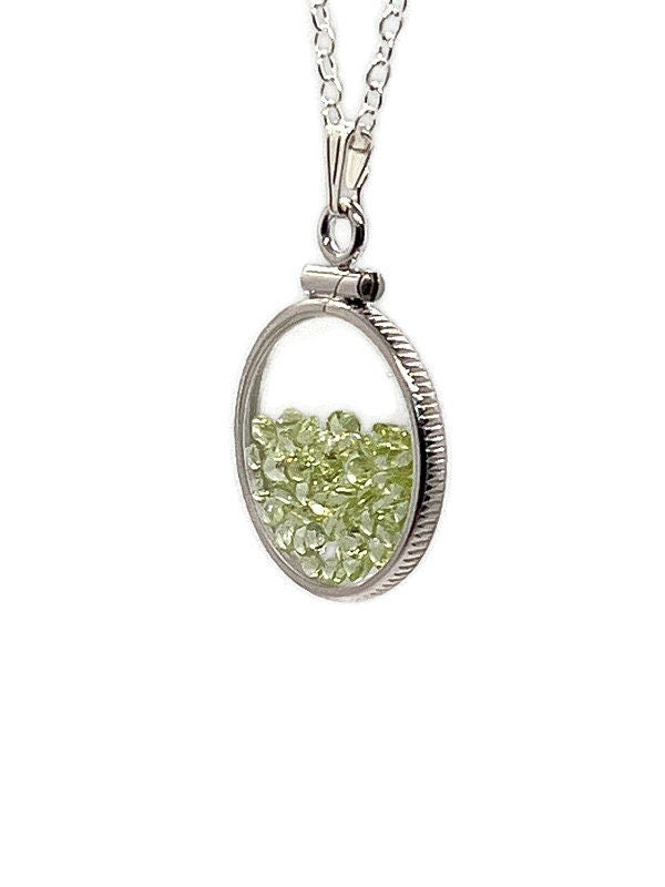Handmade Dime Size Sterling Silver Peridot Shaker Locket Lucite View Locket, Necklace, Beautiful May Birthstone. 2.0 TCW