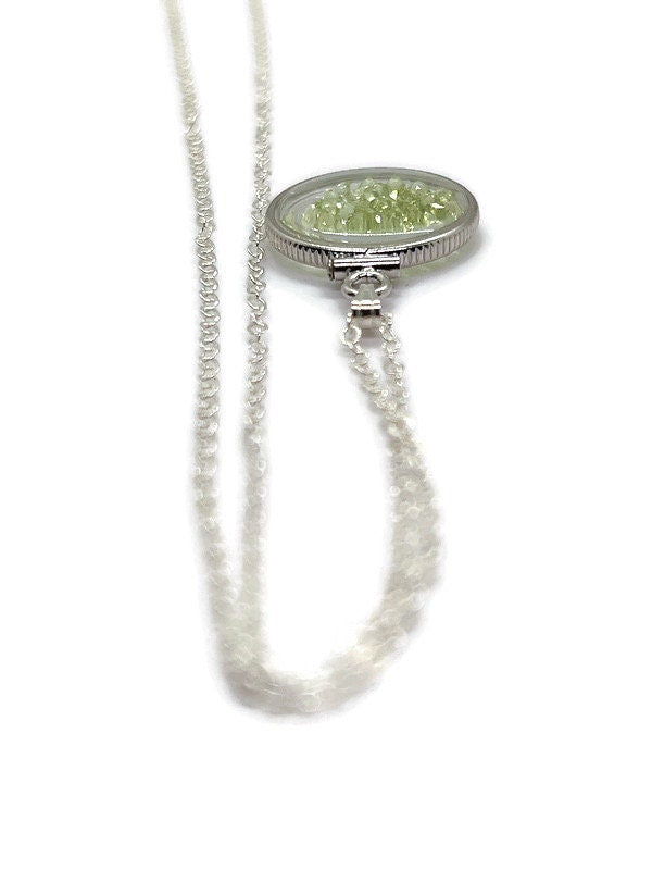 Handmade Dime Size Sterling Silver Peridot Shaker Locket Lucite View Locket, Necklace, Beautiful May Birthstone. 2.0 TCW