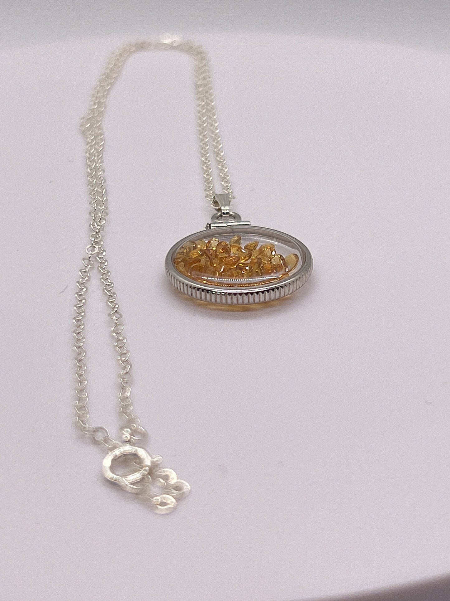 Handmade Dime size Sterling Silver Citrine Shaker Locket Lucite View Locket, Necklace, Beautiful November Birthstone. 2.0 TCW
