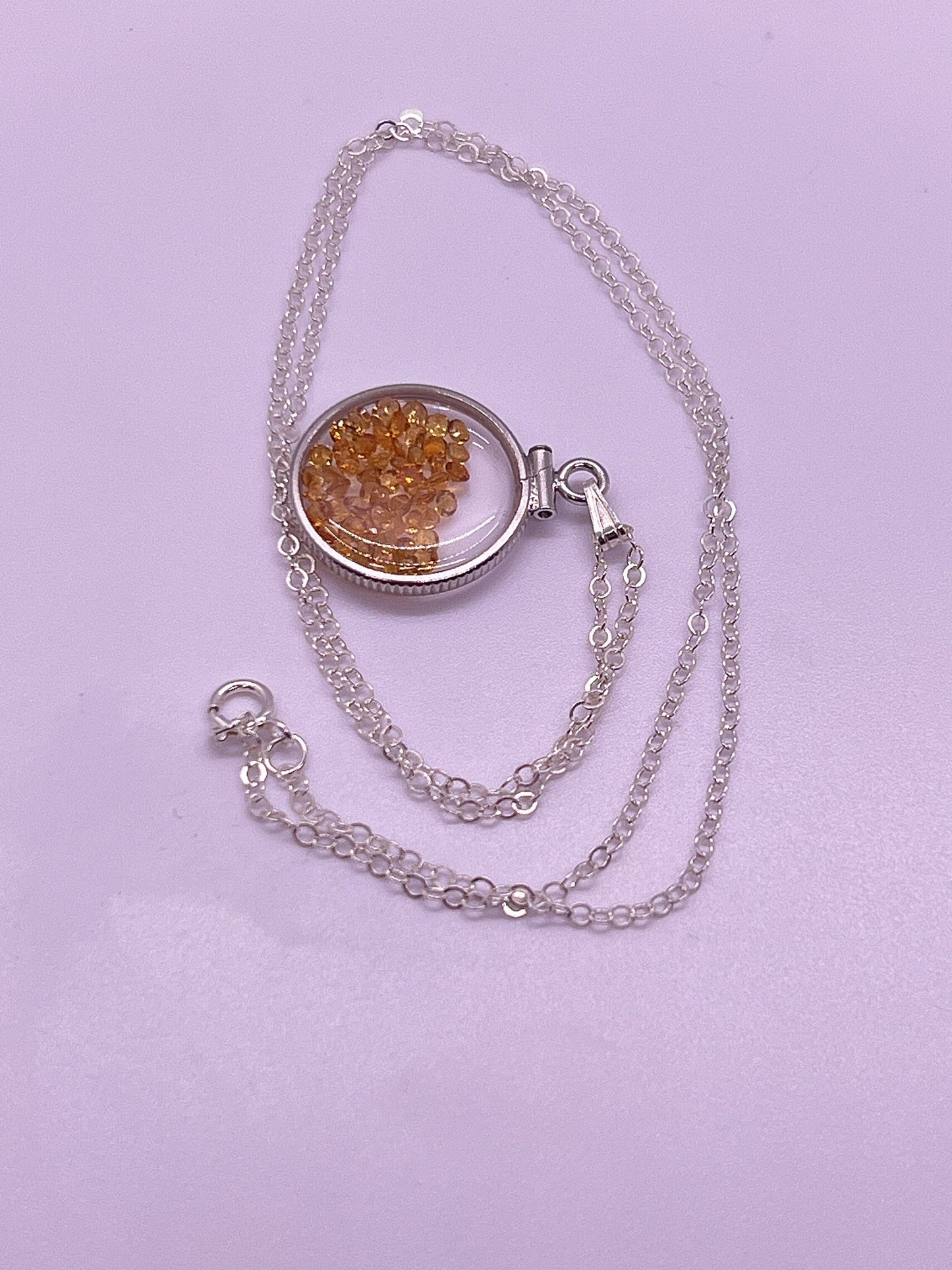 Handmade Dime size Sterling Silver Citrine Shaker Locket Lucite View Locket, Necklace, Beautiful November Birthstone. 2.0 TCW