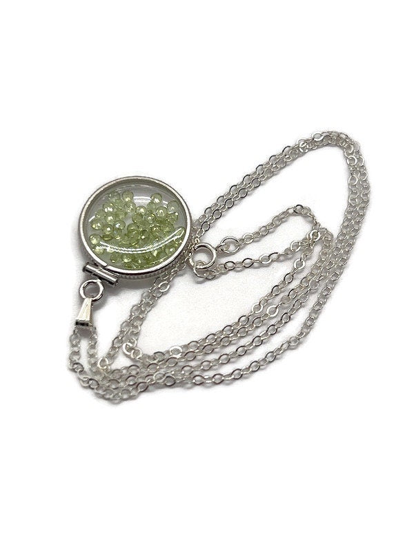 Handmade Dime Size Sterling Silver Peridot Shaker Locket Lucite View Locket, Necklace, Beautiful May Birthstone. 2.0 TCW
