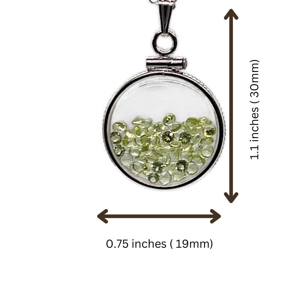 Handmade Dime Size Sterling Silver Peridot Shaker Locket Lucite View Locket, Necklace, Beautiful May Birthstone. 2.0 TCW