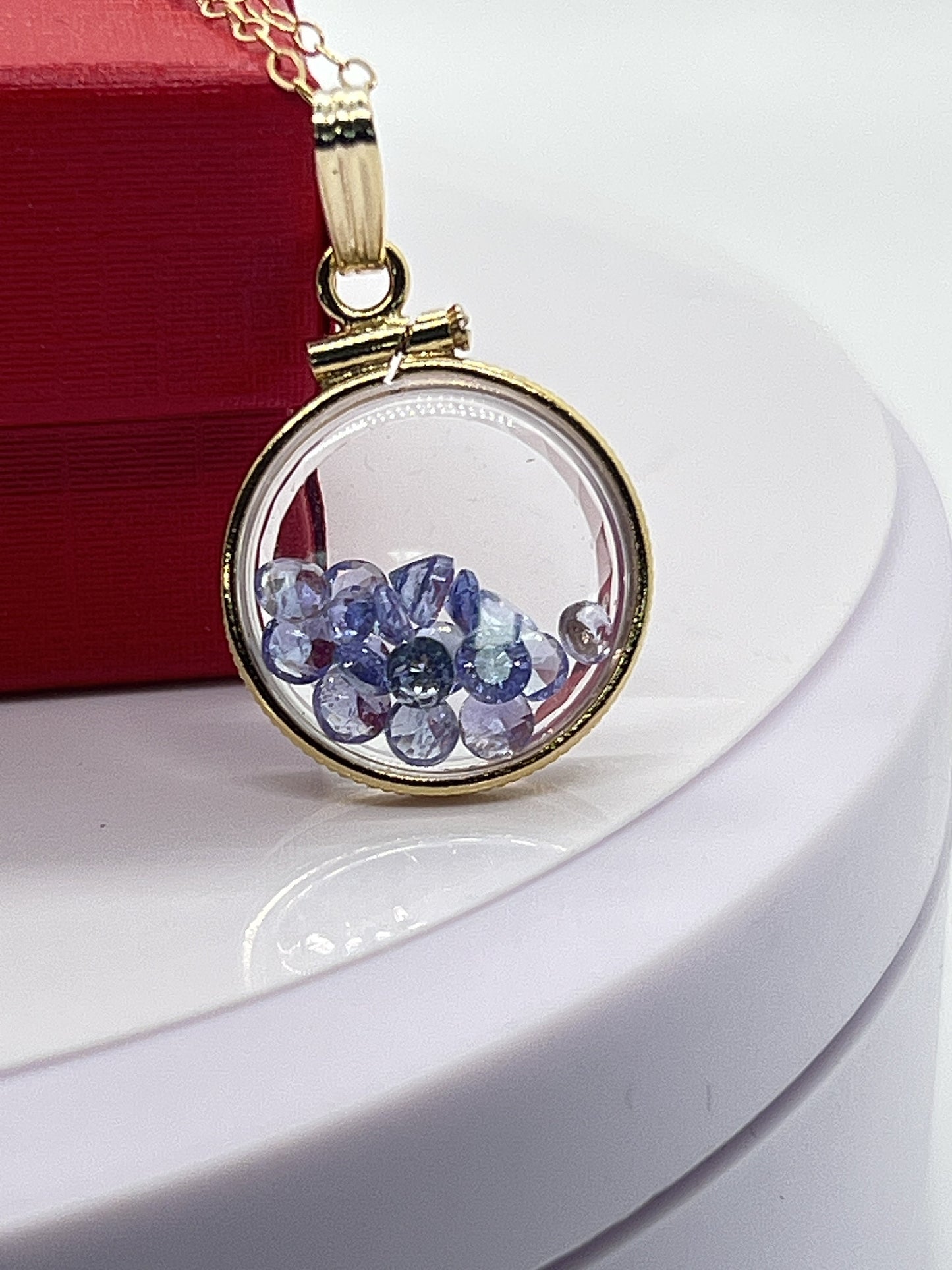 14k solid gold Tanzanite Diamond edge 16.5mm Handmade shaker Locket Reversible 2 CTW