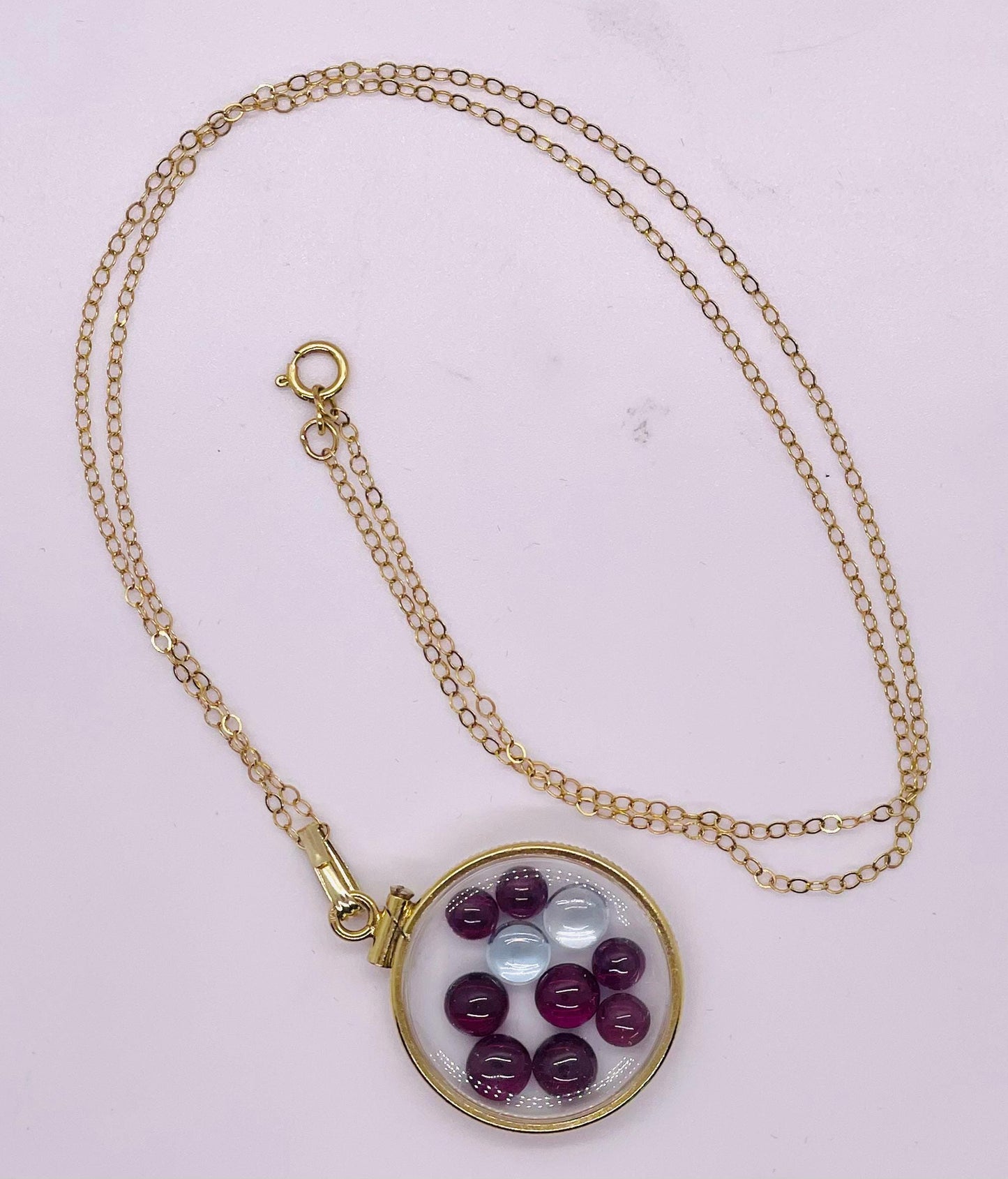 14k Solid Gold 22 mm Handmade Shaker Locket Filled With Garnet And White Topaz