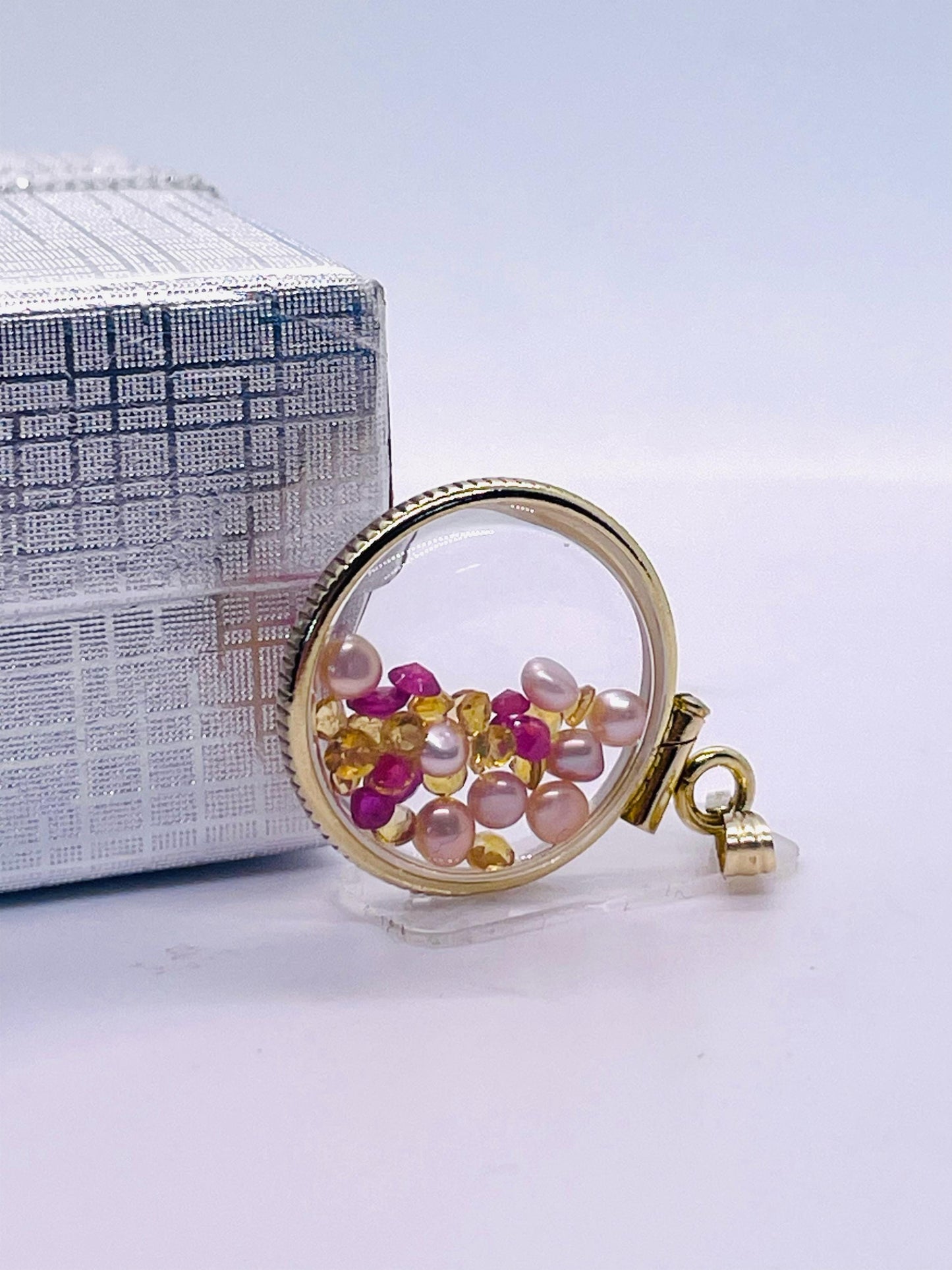 14k Solid Gold Handmade Dime size ruby, citrine, pearl shaker locket artistic series, beautiful mix