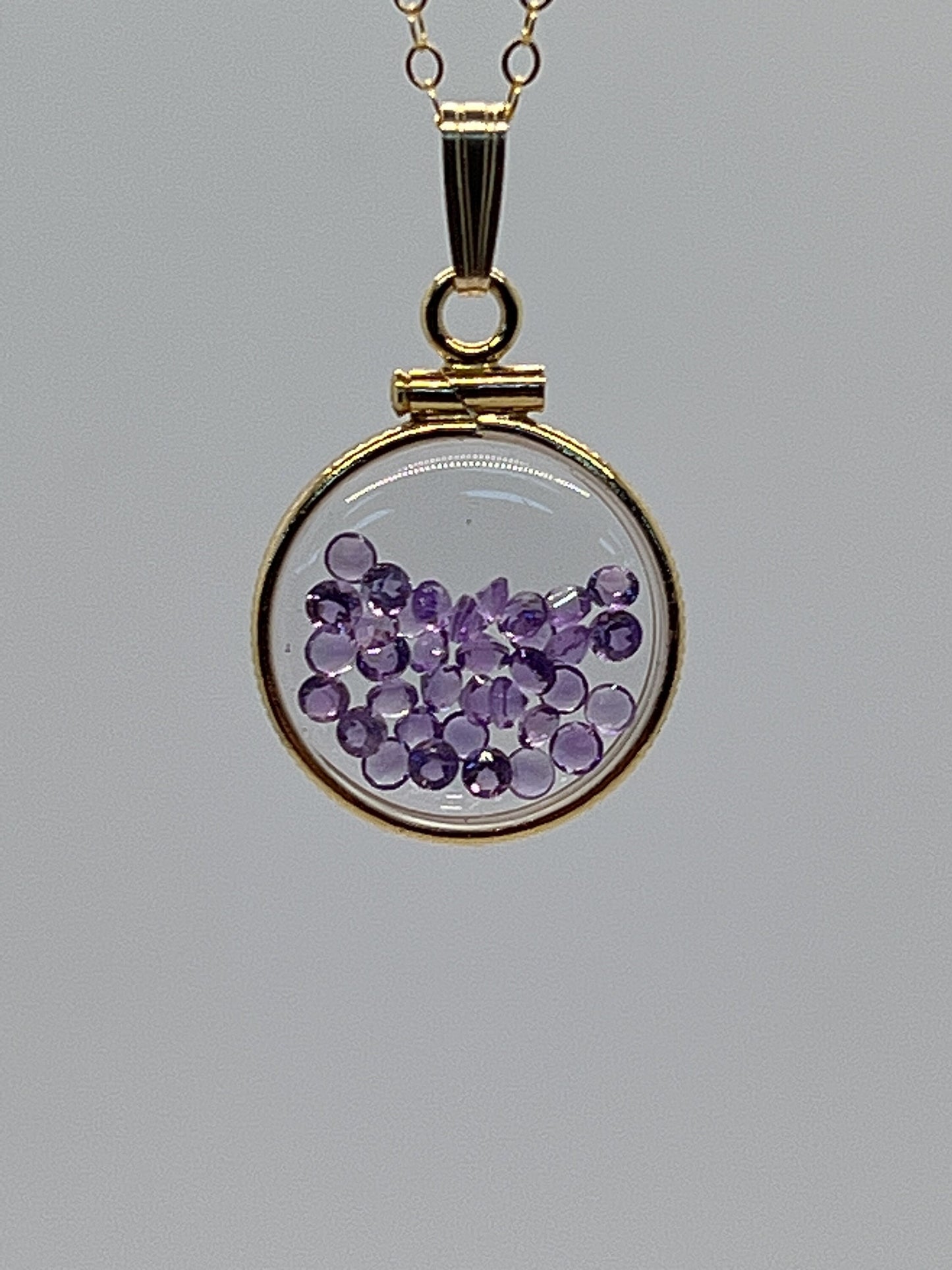 14k Solid Gold Handmade Dime sized Amethyst shaker locket, 1.15 TCW, February birthstone.