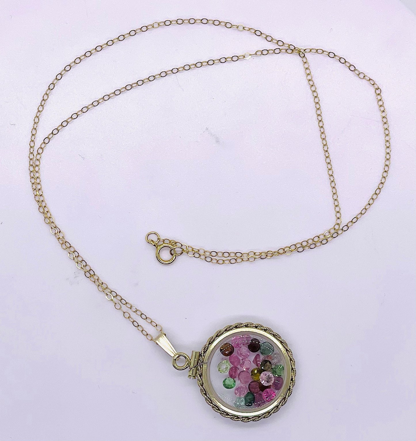 Hand Made 20mm Nickel Size 14k Gold Filled Lucite Multi-Colored Tourmaline Shaker Locket With ROPE EDGE
